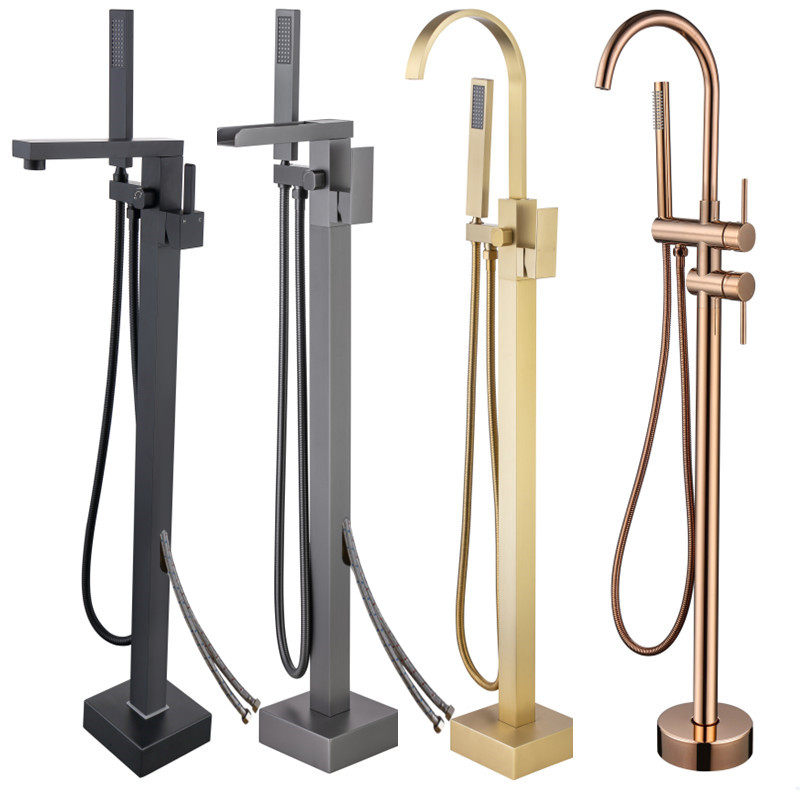 All-copper floor-standing bathtub faucet vertical wall-mounted water gun color brushed gold black shower hot and cold waterfall rotatable