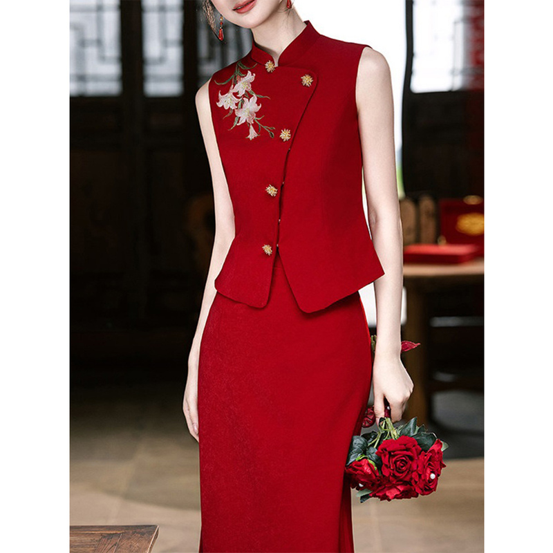 New Chinese-Style Morning Robe, Red Vest Two-Piece Set, Women's Dress for Toasting, Engagement Dress, Bride's Wedding Homecoming Casual Wear