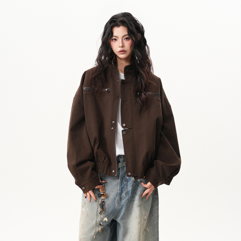 American Retro Barn-Style Stand-Up Collar Work Jacket for Men and Women, Spring and Autumn, High-End, Loose, Casual, Short Jacket, Trendy
