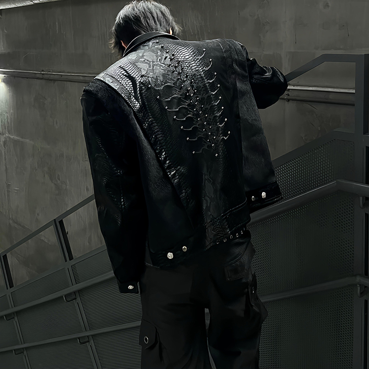 American-Style Cleanfit Snake-Eye Spine Black Leather Jacket for Men, Spring and Autumn Patchwork Studded Embroidered Lapel Jacket