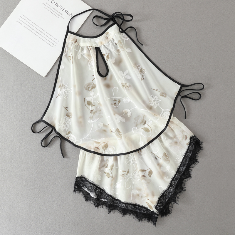 Summer Ice Silk Bellyband Sexy Pajamas Women's Set Lace Semi-Transparent Temptation Lingerie Women's Adult Backless Camisole