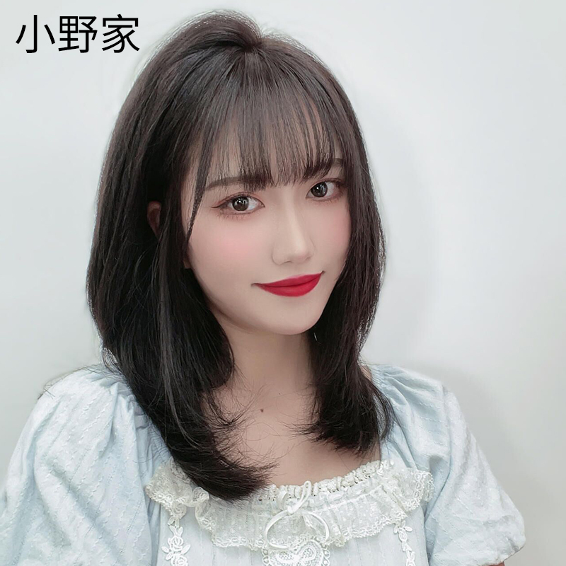 Air Bangs Wig for Women, Medium-Length Hair, Lightweight Lace Full Wig, Real Human Hair, Natural Side-Parted Bangs, Collarbone-Length Hair