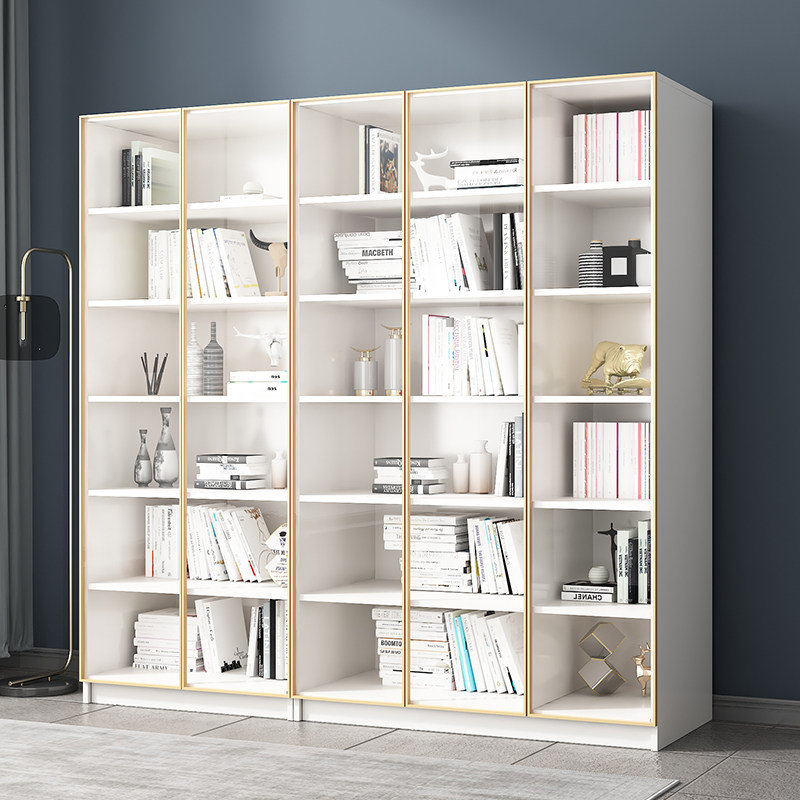 Solid wood bookshelf with glass door on floor modern minimalist leaning against wall white custom book room set items light and luxurious bookcase