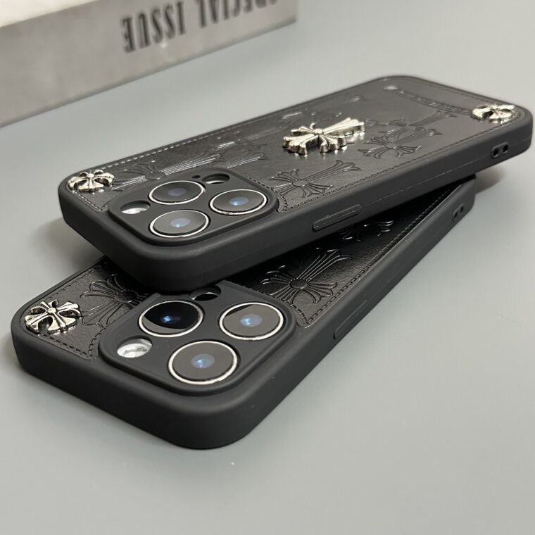 Chrome Hearts Black Leather Cross Pattern iPhone Case