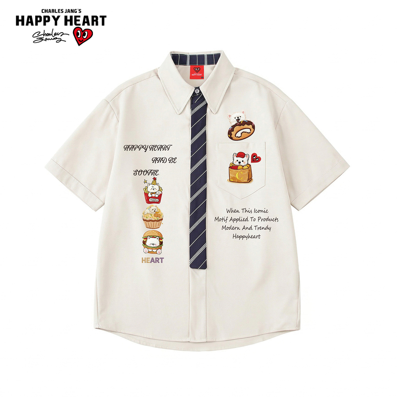 Charles Heart Fake Tie Short Sleeve Shirt for Men and Women, Summer Loose Patchwork Fun Graffiti Lazy Style Shirt Trend Charles Heart Fake Tie Short Sleeve Shirt for Men and Women, Summer Loose Patchwork Fun Graffiti Lazy Style Shirt Trend