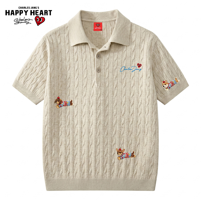 Charles Heart Pattern Cable Knit Short Sleeve Polo Shirt for Men and Women, New Summer Style, Dachshund Puppy Casual Loose Top