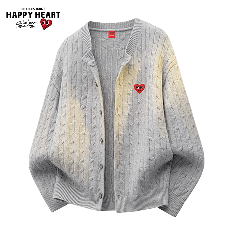 Charles Heart Round Neck Cable Knit Sweater Unisex Loose Fit Versatile Fashion Casual Button-Up Cardigan Jacket Charles Heart Round Neck Cable Knit Sweater Unisex Loose Fit Versatile Fashion Casual Button-Up Cardigan Jacket