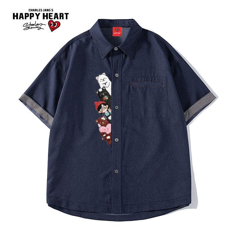Charles Heart Japanese-Style Cartoon Print Plaid Cuff Rolled Edge Loose Denim Short-Sleeve Shirt Unisex Summer
