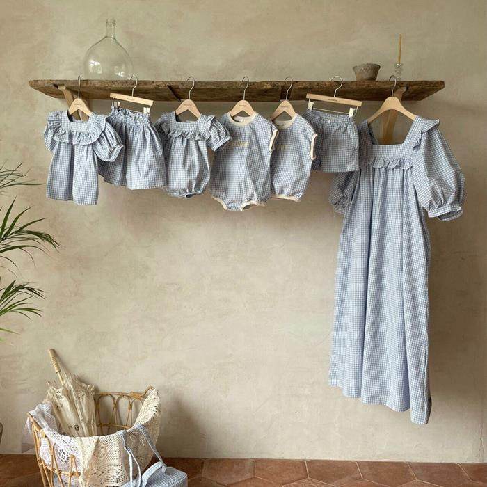 Pro-Submount Korean version Mother and son loaded boy girl Harclothes Summer checkered Bubble Sleevy Sleeves Dress Hundreds Of Day Female Dress