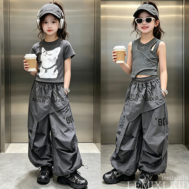 Girls' Vest and Cargo Pants Set 2026 New Summer Street Dance Quick-Dry Thin Sleeveless Wide-Leg Pants Sweet Cool Style