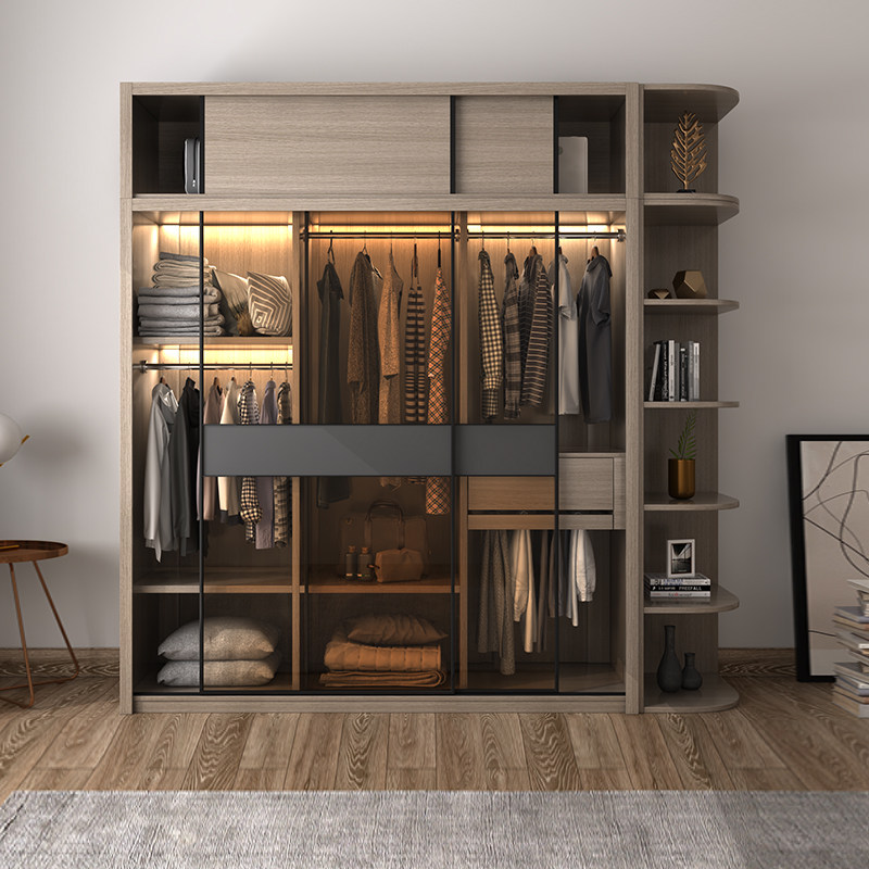 Sliding door wardrobe modern minimalist home bedroom light luxury storage Nordic large wardrobe sliding door storage for rental