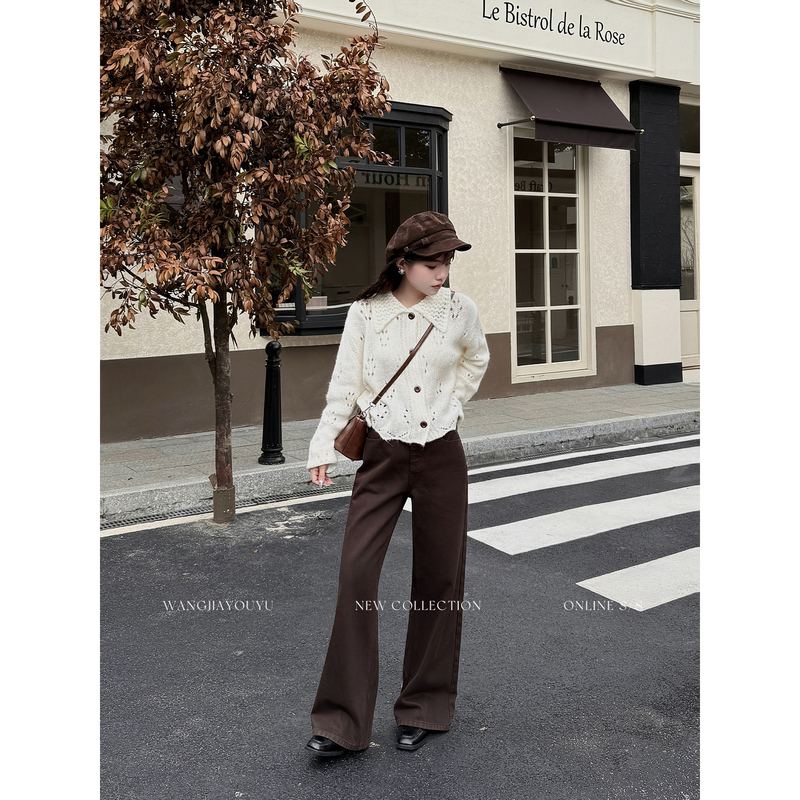 Wangjia Youyu Petite [Cocoa Brown] Slim Straight Jeans with Embroidery Early Autumn New Wide-Leg Pants for Women
