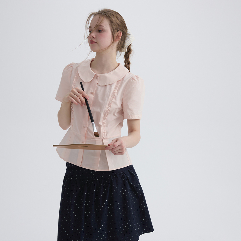 Willbewell New Summer Style French Sweet Girly Pink Doll Collar Waist-Cinching Short-Sleeved Age-Reducing Shirt