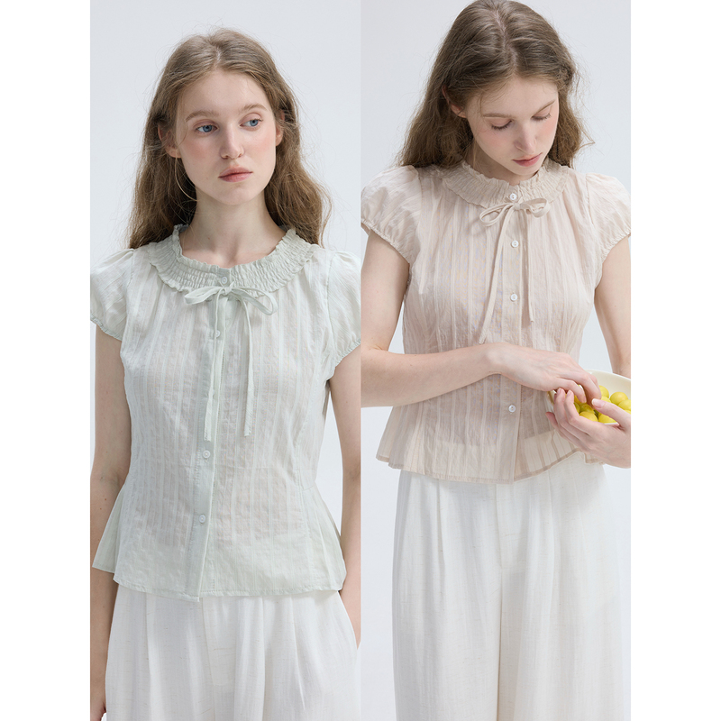 Willbewell's Subtle Korean-Style Two-Tone Thin Lace-Up Puff Sleeve Waist-Cinching Top