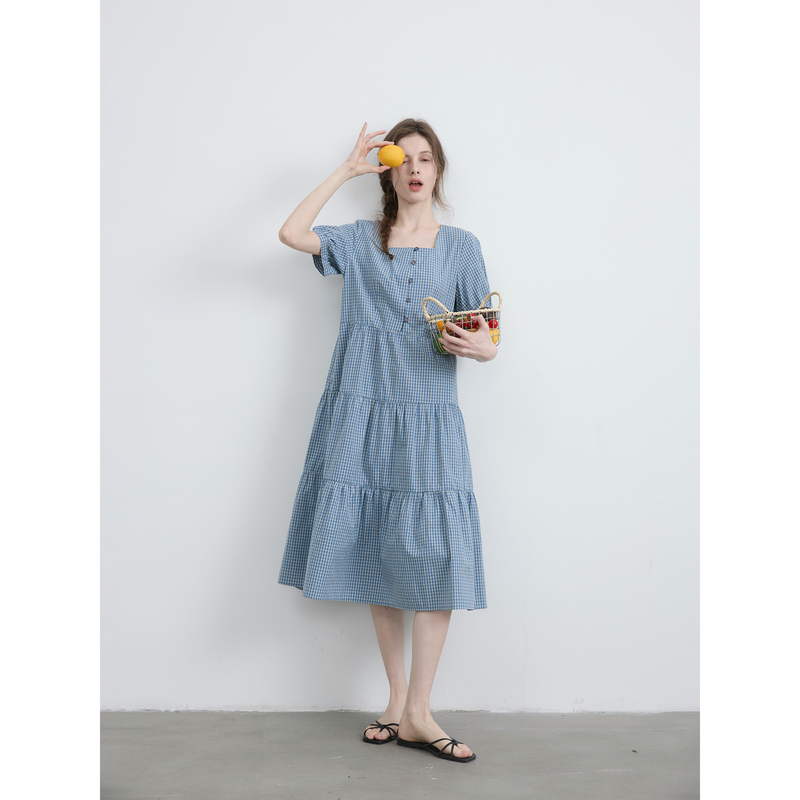 Willbewell Square-Neck Short-Sleeved Blue Plaid Half-Button Three-Section Dress for Women