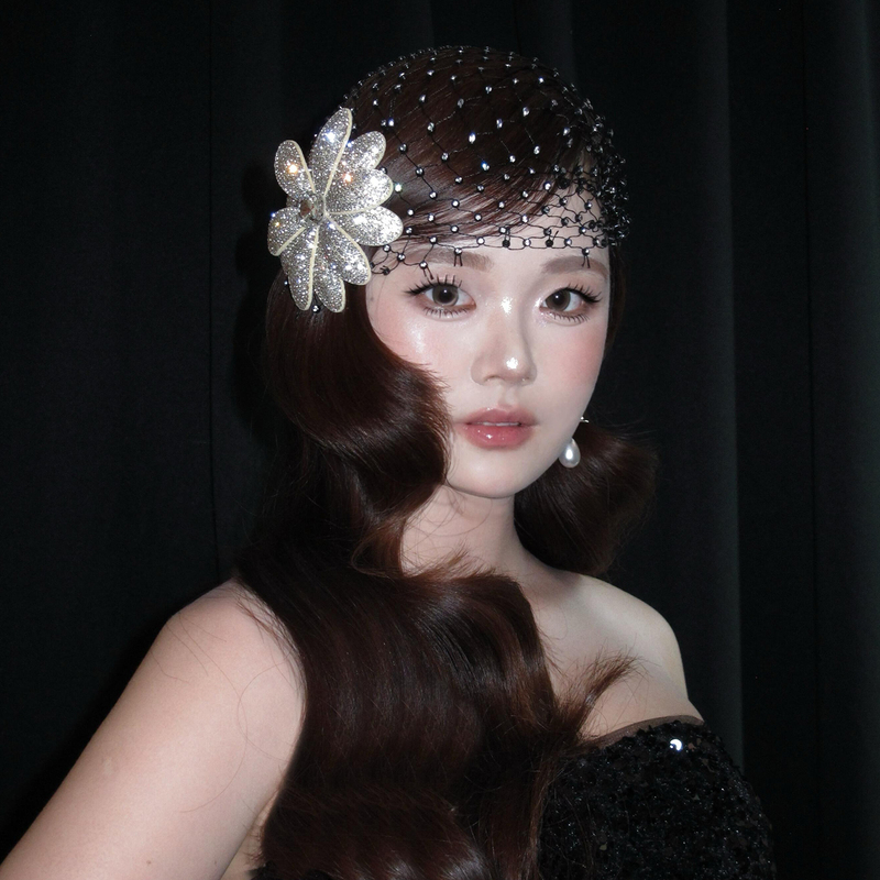 French-Style Socialite Rhinestone Flower Mesh Headpiece for Women, Light Luxury, High-End, Elegant, Internet Celebrity Bridal Headwear and Hair Accessories