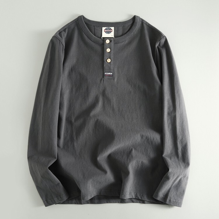 Three-Button! Men's Casual Long-Sleeve T-Shirt with Cut Tags, American Style, Pure Cotton, Brushed, Export Surplus, Trendy