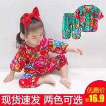 Northeast flower clothes baby baby large flower cloth bellbelly shorts pyjamas 2 people turn to childrens clothing womens national wind