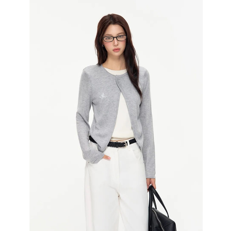 Insliisa Contrasting Color Knitted Wool Fake Two-Piece Cardigan Jacket for Women Early Autumn Korean Style Slim Fit Niche Short Top