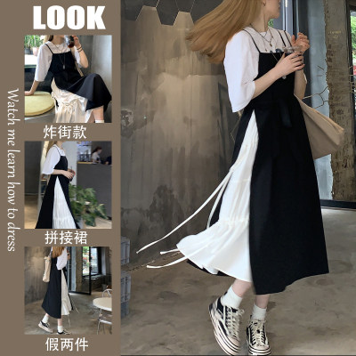 Large size fake two-piece dress female 2021 new spring and summer fat mm Korean version design sense stitching suspender skirt