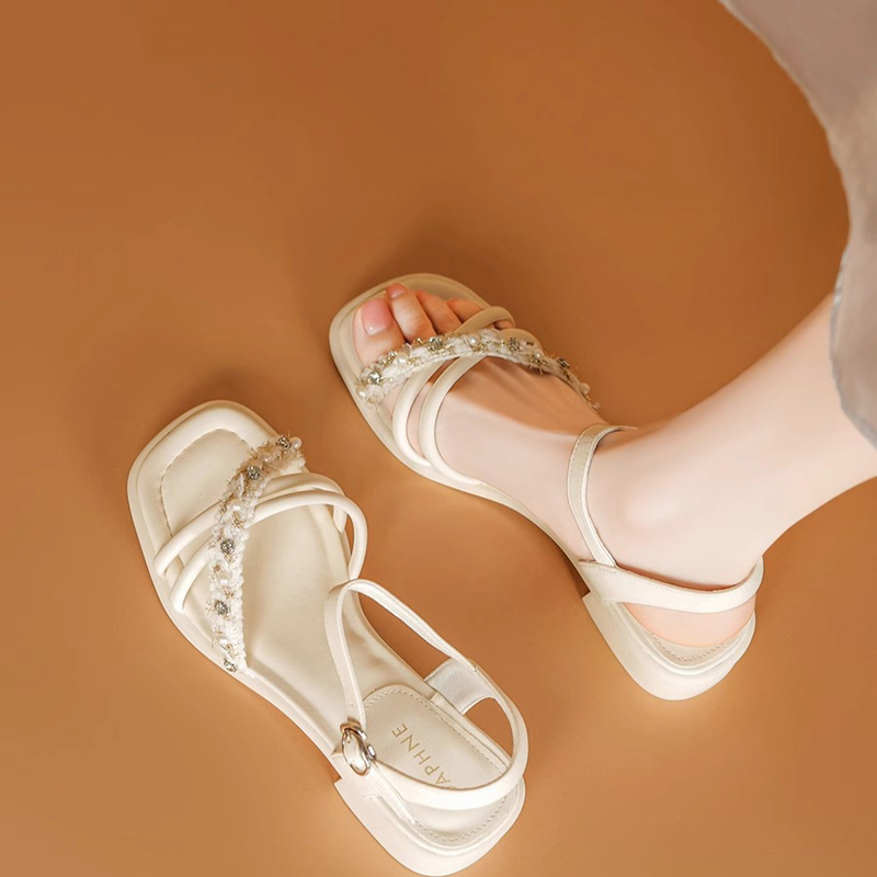 Brand Sandals for Women 2026 Summer New Style Outdoor Wear Chunky Heel with Skirt One-Strap Rhinestone High-Heeled Sandals for Women