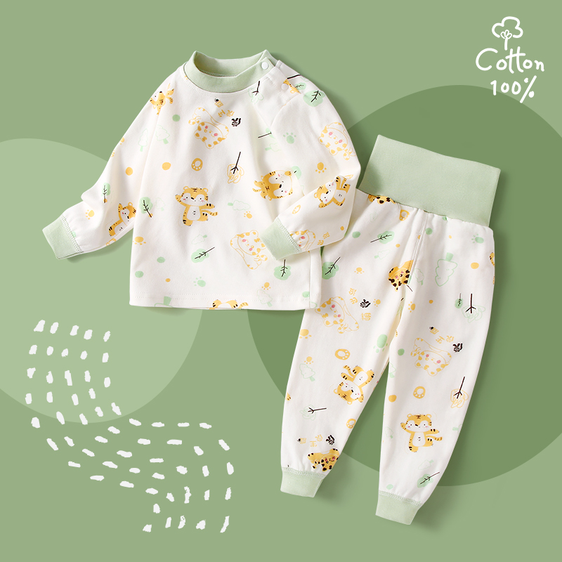 Baby autummy suit full cotton high waist and belly protection autumn pants male and female baby long sleeve split sleeping clothes pure cotton children suit-Taobao