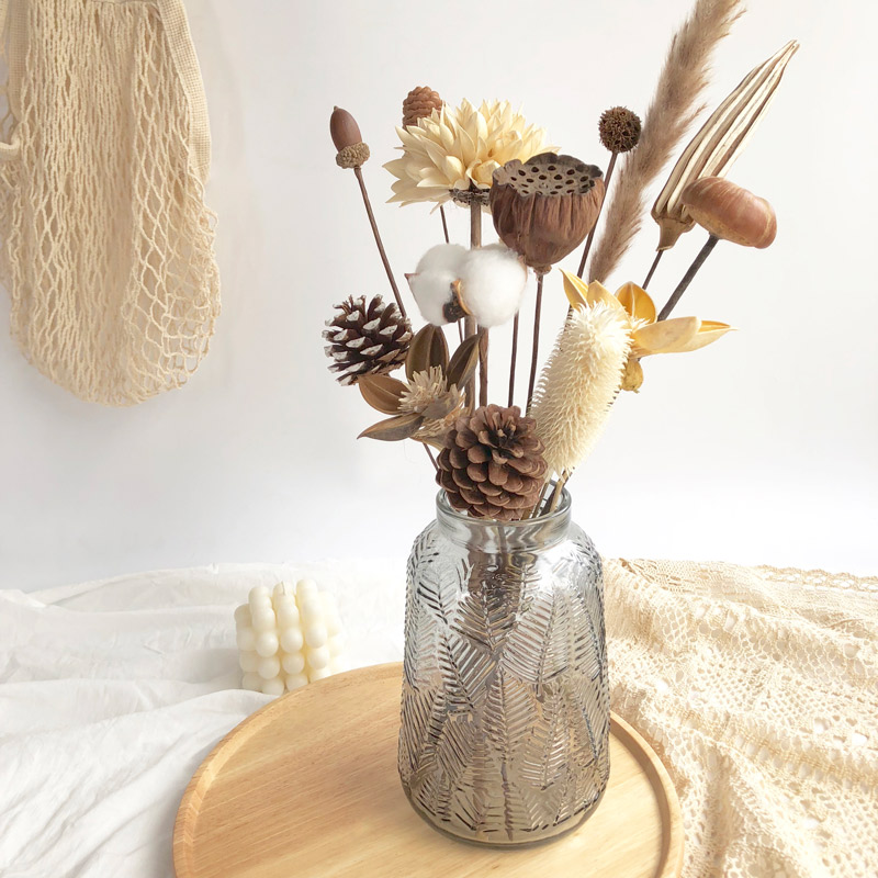 ins wind Nordic Young flowers Pine Fruits Dried Flowers Bouquet Living-room Decoration Pendulum cotton True flowers with bottle Home furnishing