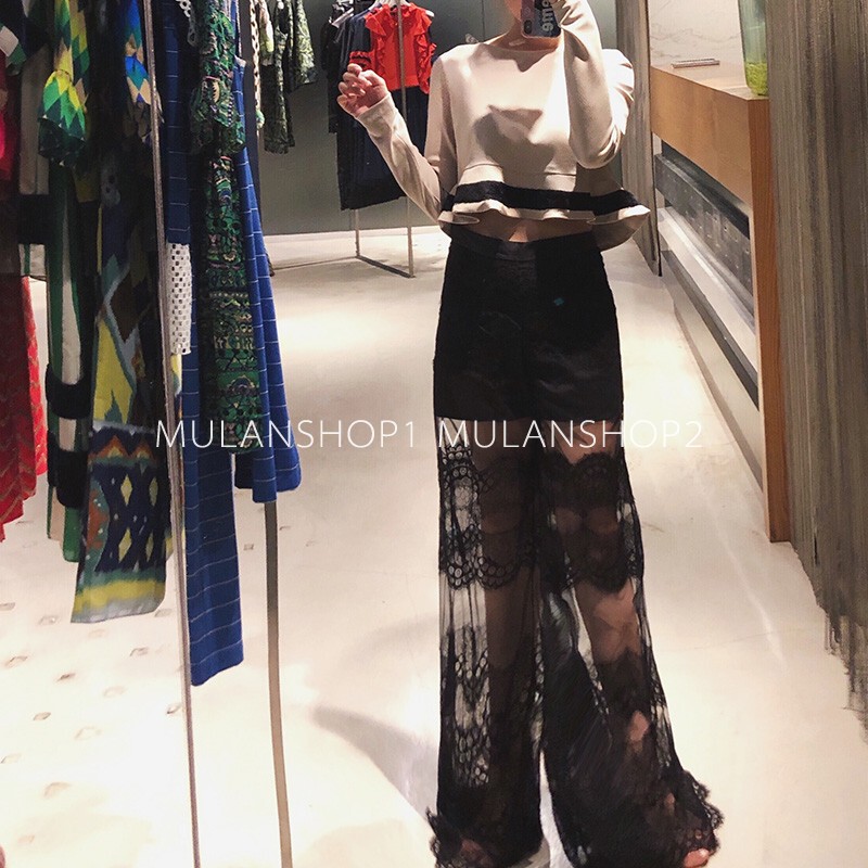 [Clearance Sale] Senada Light-Colored Long-Sleeve Sheer Top/Black Lace Long Pants Wool Dress Coat