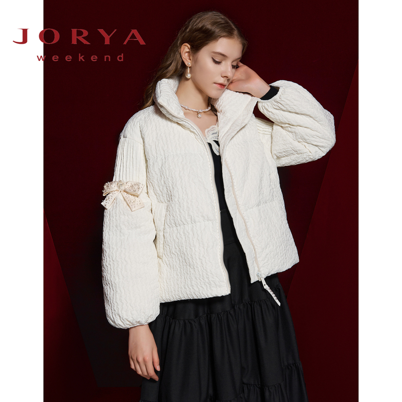 Zhuoya Weekend 2022 Winter New Casual Stand Collar Beaded Zipper Bow Wrinkled down Jacket Ejwcdz70