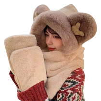 Official website Xiaock flagship store bear hat womens autumn and winter scarf gloves one-piece hooded three-piece set warm scarf