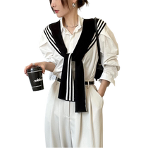 Official website small ck black and white striped fake collar spring and autumn knitted outer shirt for women in air-conditioned room versatile warm shoulder