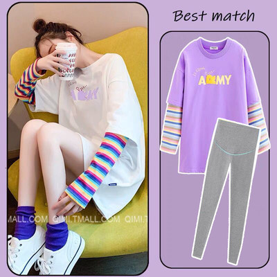 Spot Korean version Pregnancy Woman Dress Spring Pure Cotton Fake Two Pieces Long Version Long Sleeve Blouse Loose T-Shirt Boomer Suit