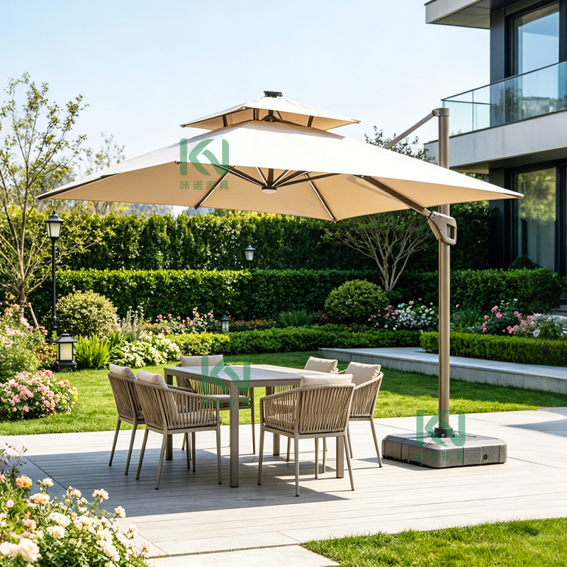 Outdoor Patio Sunshade Umbrella, Large Commercial Outdoor Sun Umbrella, Villa Terrace Garden Solar Light Strip Roman Umbrella