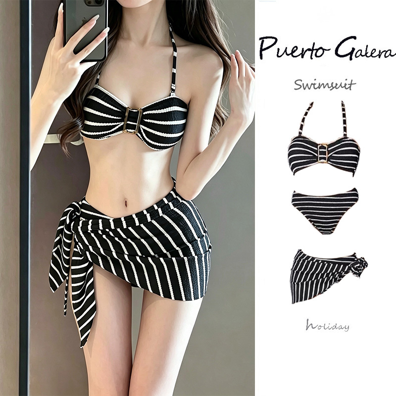 Bikini Swimsuit Female Sexy Split Three-Piece Set High-End European and American Stripesd Sexy Beach Seaside Vacation Hot Spring