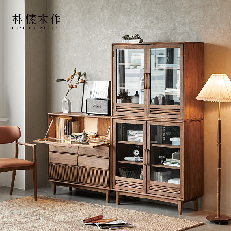 Pu Su wood multi-combination bookcase solid wood black walnut floor-to-ceiling glass door storage storage display cabinet