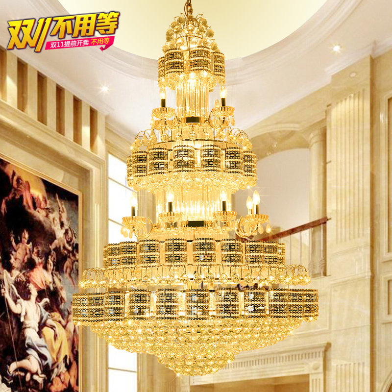 European-style duplex staircase large chandelier hollow living room crystal hanging lamp building middle floor long chandelier hotel villa project