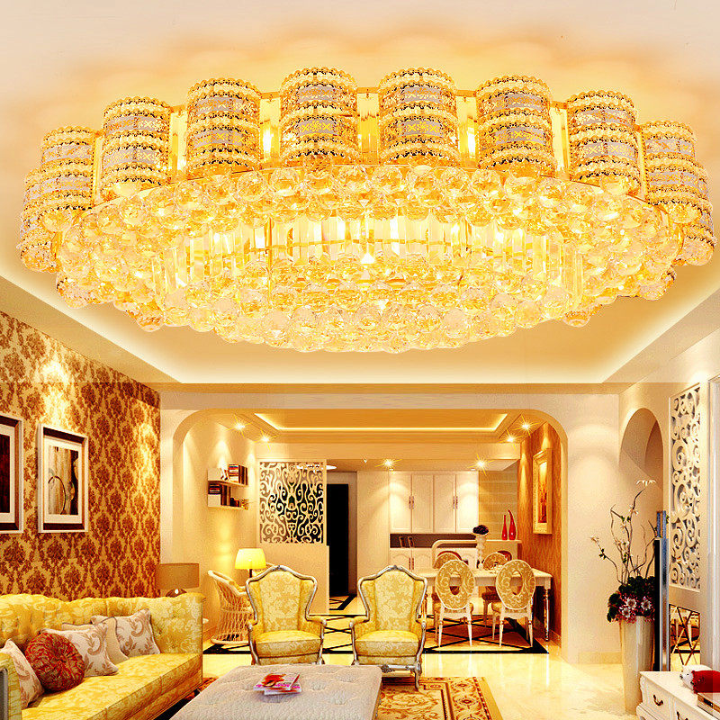 European style golden round crystal lamp luxury atmosphere LED living room ceiling lamp dining room lamp bedroom meeting lamps