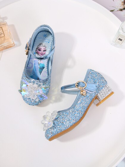 女童公主鞋艾莎春秋新款爱莎水晶鞋宝宝魔术贴鞋子蓝色儿童高跟鞋
