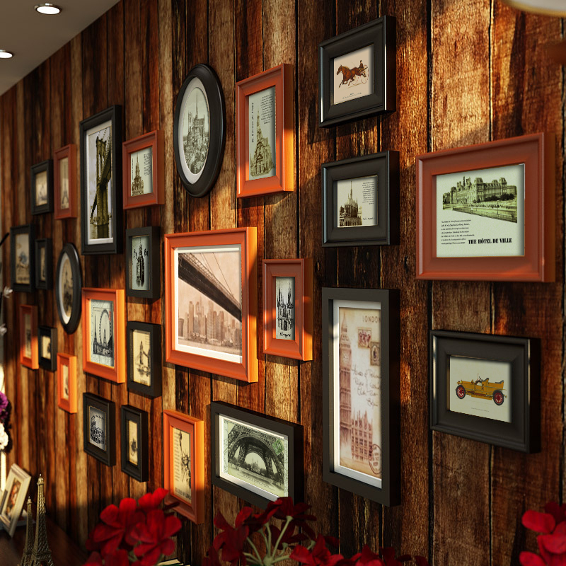 Solid Wood Photo Wall Decoration, American-Style Picture Frame Wall, European-Style Background Wall Combination Painting, Living Room, Vintage Wall Hanging, Dining Room