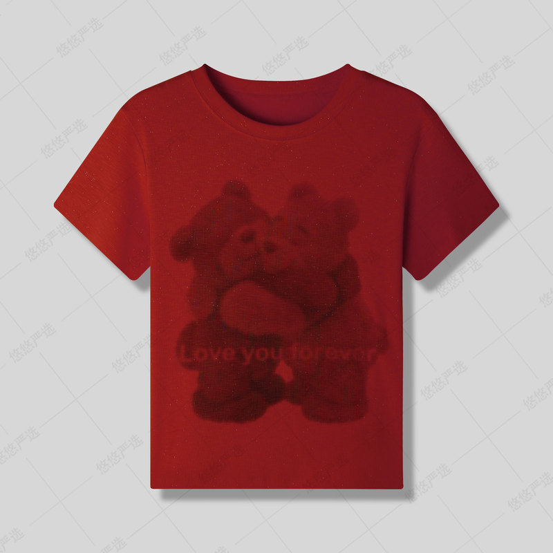 【Waffle Grid Happy Bear】Summer Glitter Print Short-Sleeve T-Shirt~Comfortable Fit, Not Tight-Fitting