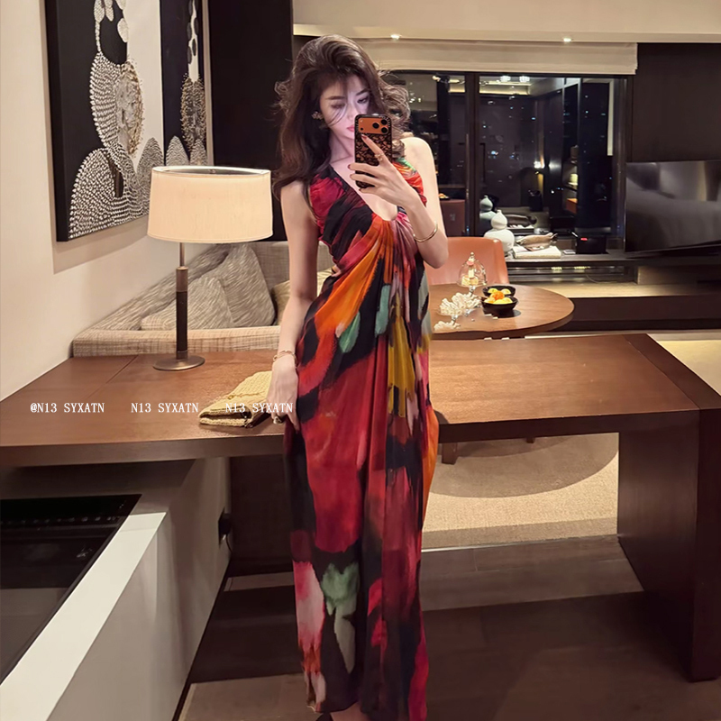 N13 Syxatn/Yujie-Style Elegant V-Neck Sleeveless Dress, Summer Leopard Print Gradient Vacation-Style Long Dress for Women