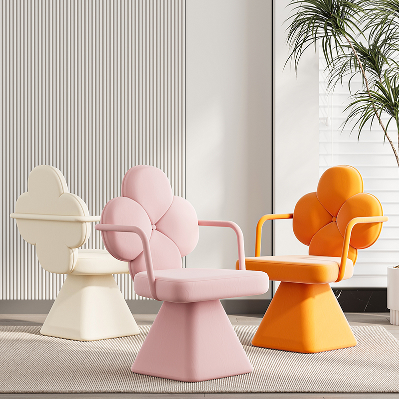 French-Style Cream Dining Chair, Internet-Famous Dopamine Aesthetic, High-Appearance Pink Bedroom Swivel Vanity Makeup Stool for Girls