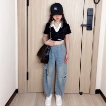 Girl Suit Summer Dress 2023 New Ocean Trendy CUHK Child Summer Short Sleeve Denim Pants Children two sets