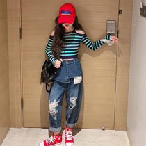 Girls spring clothing suit 2023 new childrens clothes spring CUHK Scout Fashionable Fried Street Jeans Two Sets
