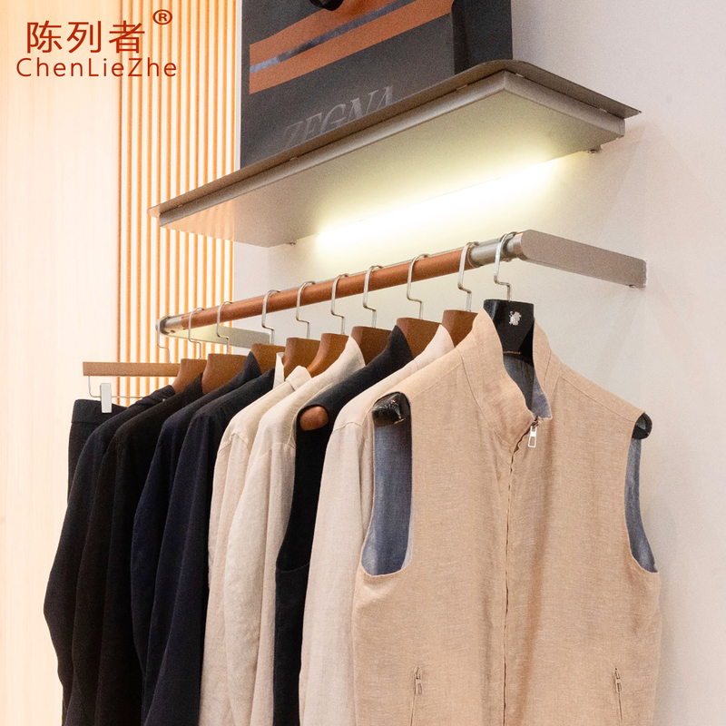 Clothing Store Wall Display Rack, Old Money Style Leather-Covered Stainless Steel Clothes Rack, Shoe and Bag Luminous Shelf, Boutique Store
