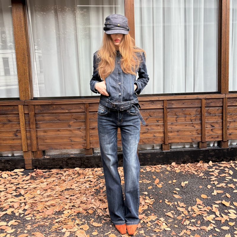 My Fairy | Old Blue Hip Line Cow | Blue and Black Buttoned Design, American Retro Low-Waist Stretch Denim Flared Pants