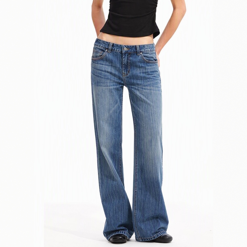 My Faerie Heavy-Duty Bamboo Pattern Sea Salt~ Vintage Flared Jeans for Petite Women, Mid-Low Waist Bell-Bottom Pants