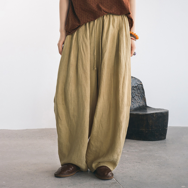 Crazy Zhang Qiu Style Single-Layer Fully Elastic Drawstring Linen Old Money Loose Drape Casual Pants # 08693