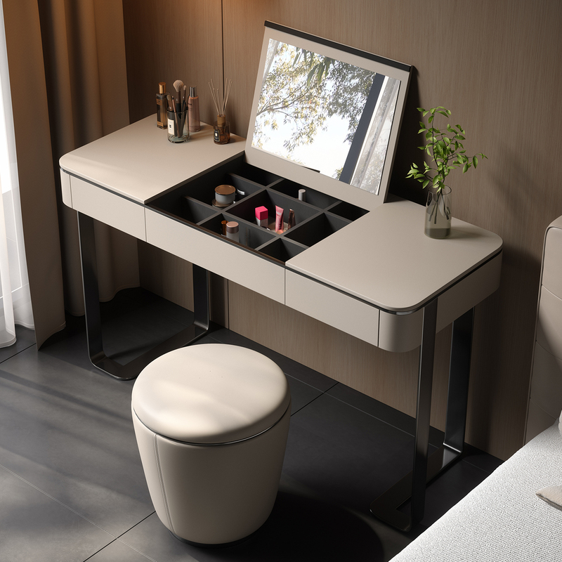 Italian Minimalist Flip-Top Dressing Table, Modern Simple Leather Small Table with Mirror, Bedroom Solid Wood Dressing Table