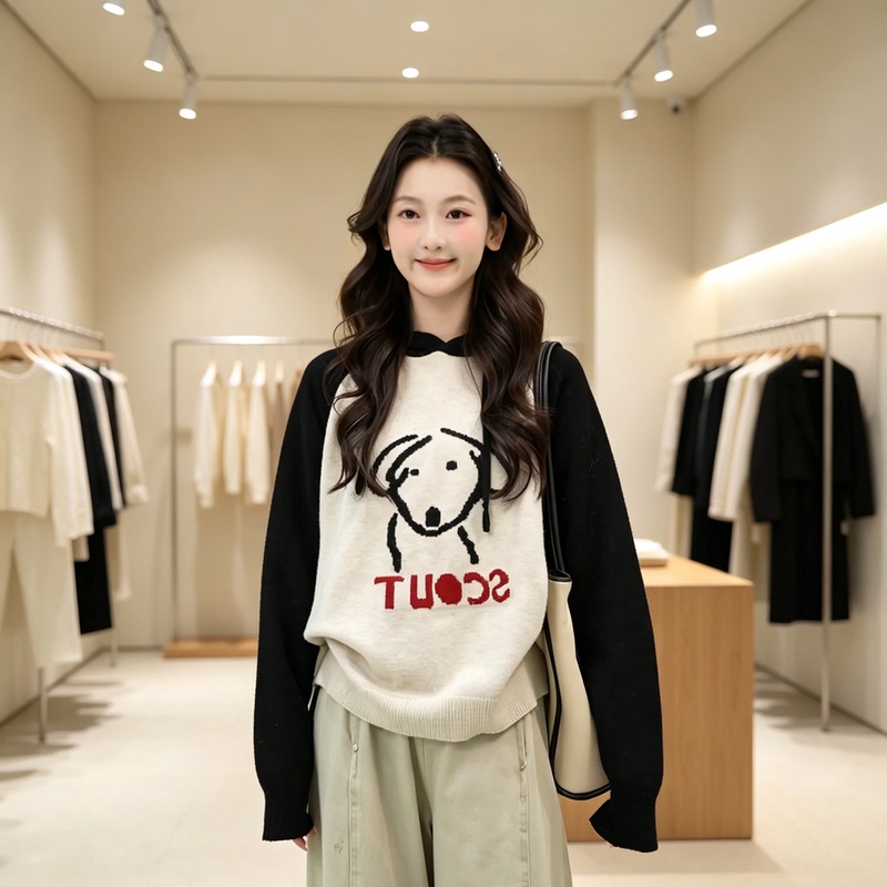 【Min Xiaoyi】Puppy Sweater Patterned Hooded Knitwear for Women, Black and White Color-Blocking Jacket, Casual Top for Autumn and Winter 【Min Xiaoyi】Puppy Sweater Patterned Hooded Knitwear for Women, Black and White Color-Blocking Jacket, Casual Top for Autumn and Winter